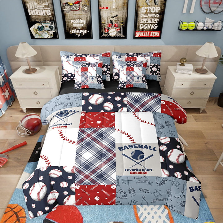 Erosebridal Baseball Print Comforter 7 Pieces Queen Size Sports Games Bedding Set Ball Gaming Themed Sheet Set Patchwork Geometric Grid Fitted Sheet Bedroom Decor,Blue Red White