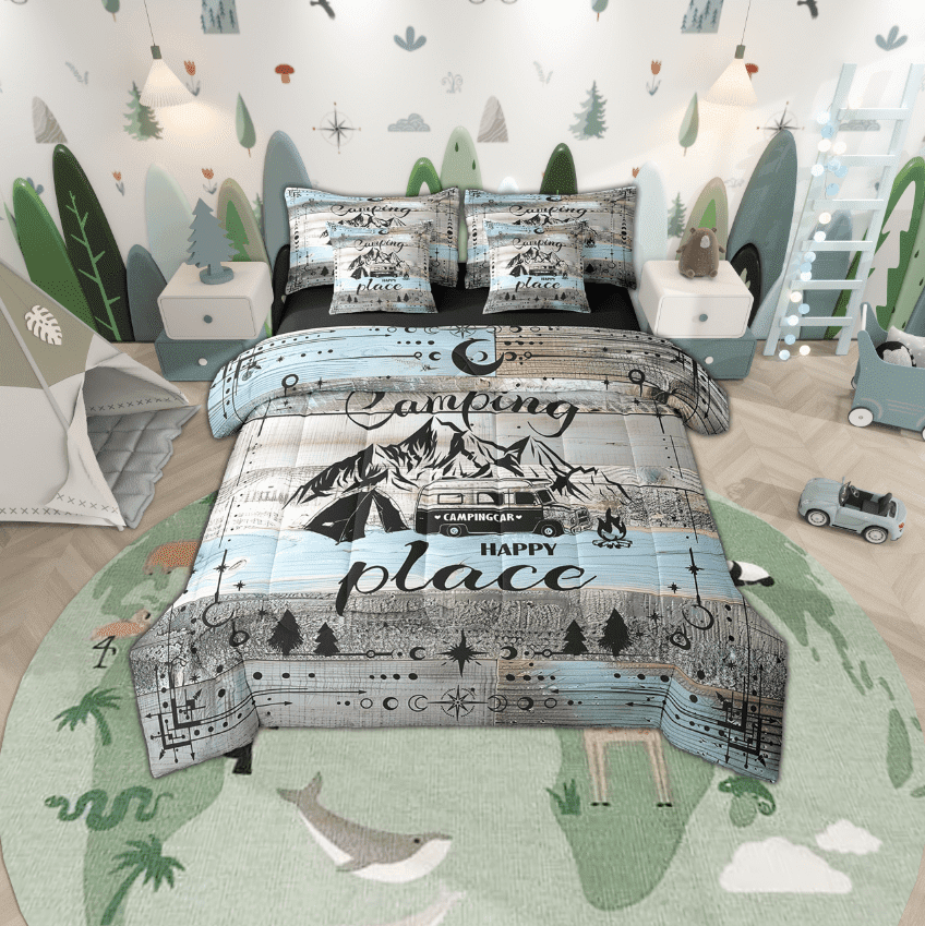Rv Bed In A Bag For Travel Trailers Happy Camping Bunk Comforter Set 7 Piece King Boho Stars Moon Camper Decor Bedding For Inside,Rustic Farmhouse Travel Adventure Bed Set Blue Grey