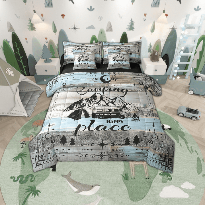 Rv Bed In A Bag For Travel Trailers Happy Camping Bunk Comforter Set 7 Piece King Boho Stars Moon Camper Decor Bedding For Inside,Rustic Farmhouse Travel Adventure Bed Set Blue Grey