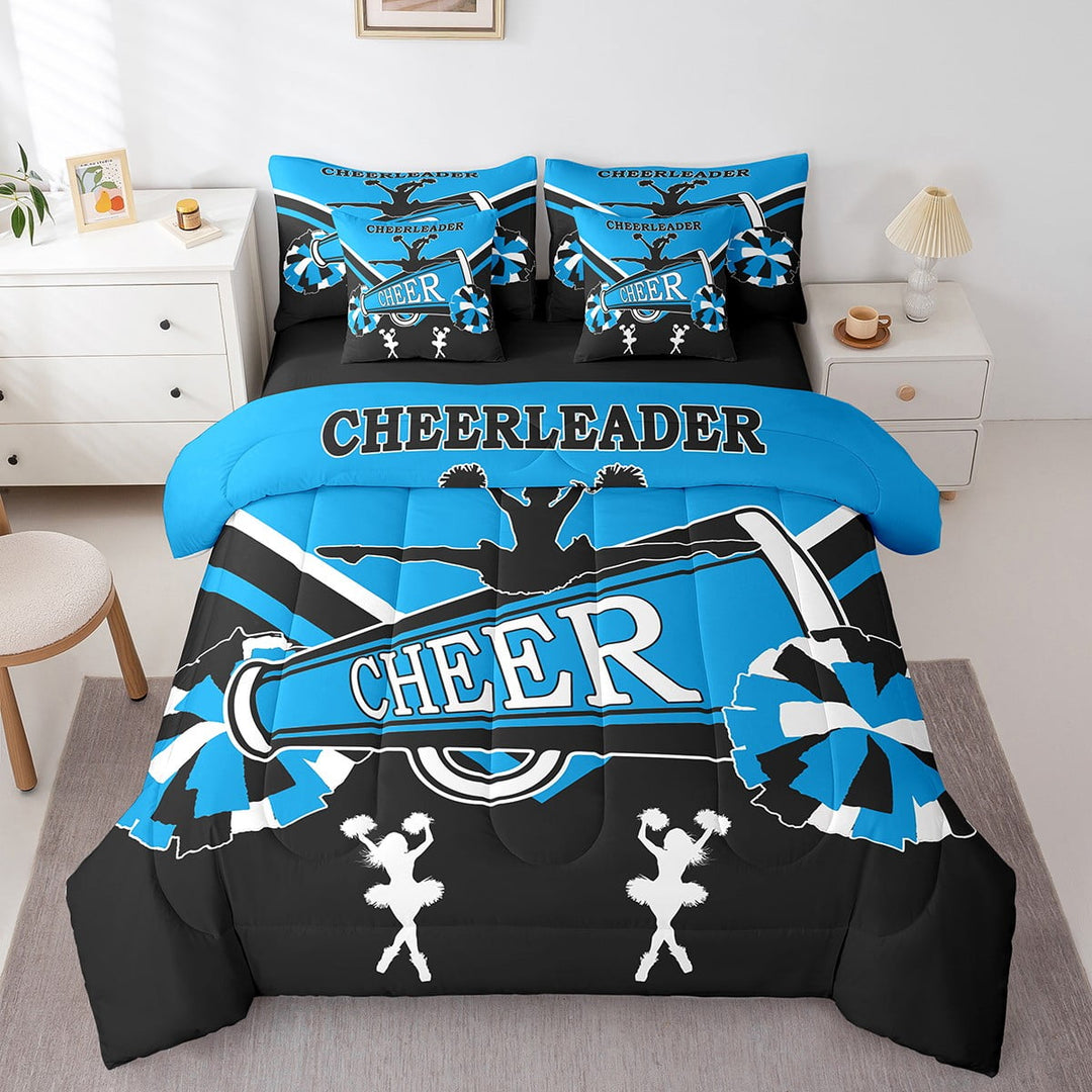 Cheerleading Bedding Comforter Sets 7 Pieces Dance Princess Bed in a Bag for Girls, Kawaii Cheerleader Twin Bedding Sets Black and Navy Blue Comforter Set, Cheerleading Pompoms Print Bedding Sets