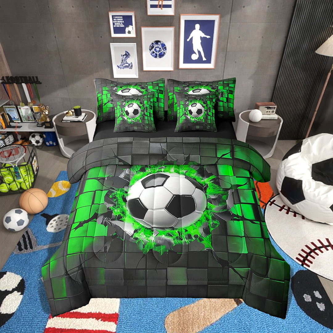 Erosebridal 7-Piece Soccer Bed In A Bag Full Size For Boys,Green Sqare Bed Set For Kids,Geometric Room Decor