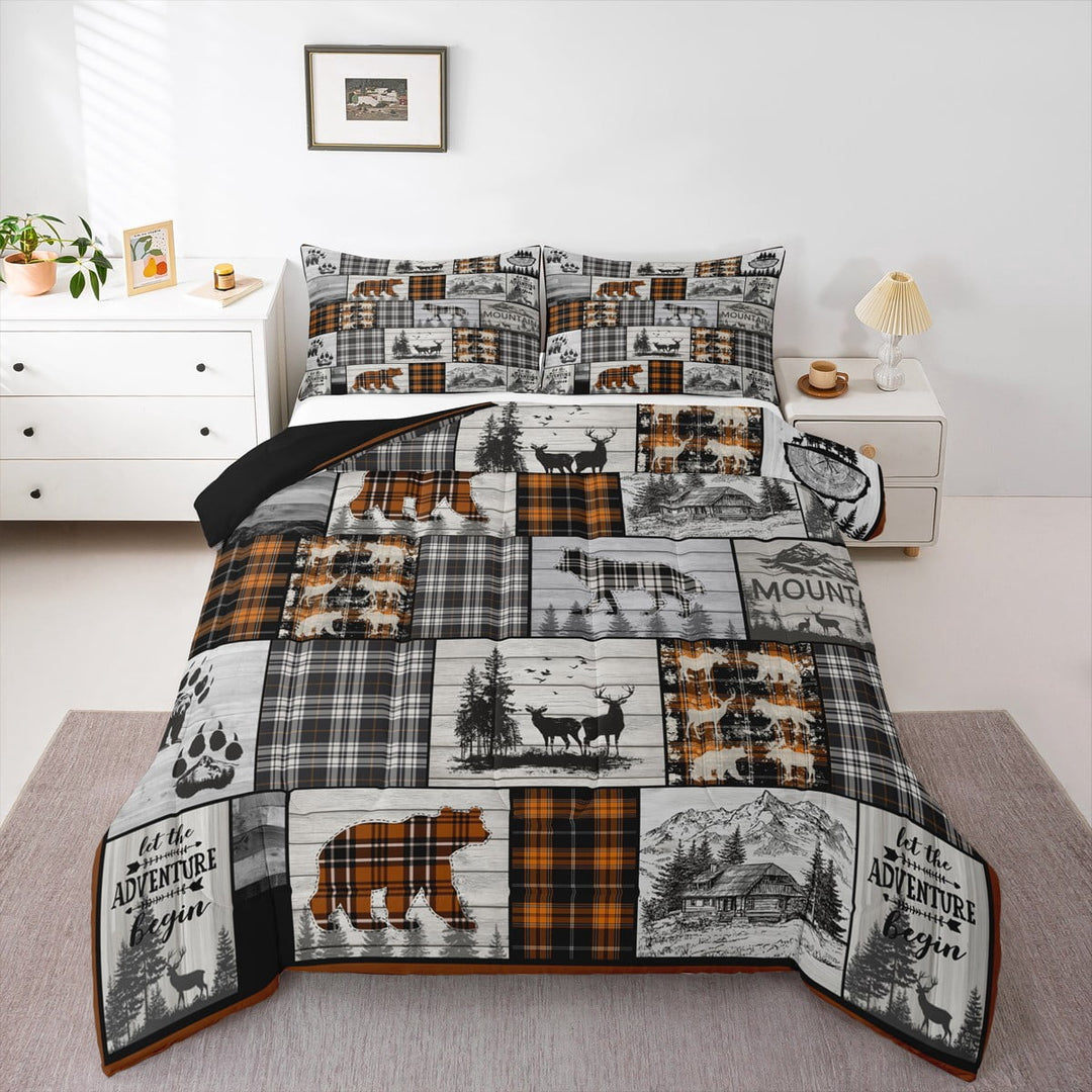 Rustic Cabin Bedding Set King Farmhouse Lodge Down Comforter Black Orange Buffalo Plaid Country Comforter Set Men Hunting Bear Deer Wolf Woodland Wildlife Quilt Set