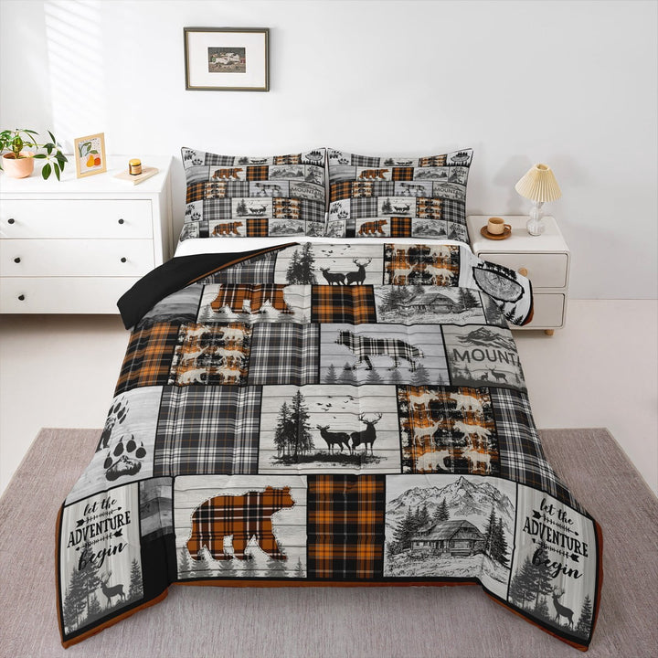 Rustic Cabin Bedding Set King Farmhouse Lodge Down Comforter Black Orange Buffalo Plaid Country Comforter Set Men Hunting Bear Deer Wolf Woodland Wildlife Quilt Set
