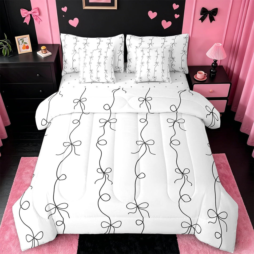 Manfei Kawaii Bow Bedding Comforter Set 7pcs,Princess Bowknot Full Bedding Set,Black White Fitted Sheet Flat Sheet,Ultra Soft Room Decorative Reversible
