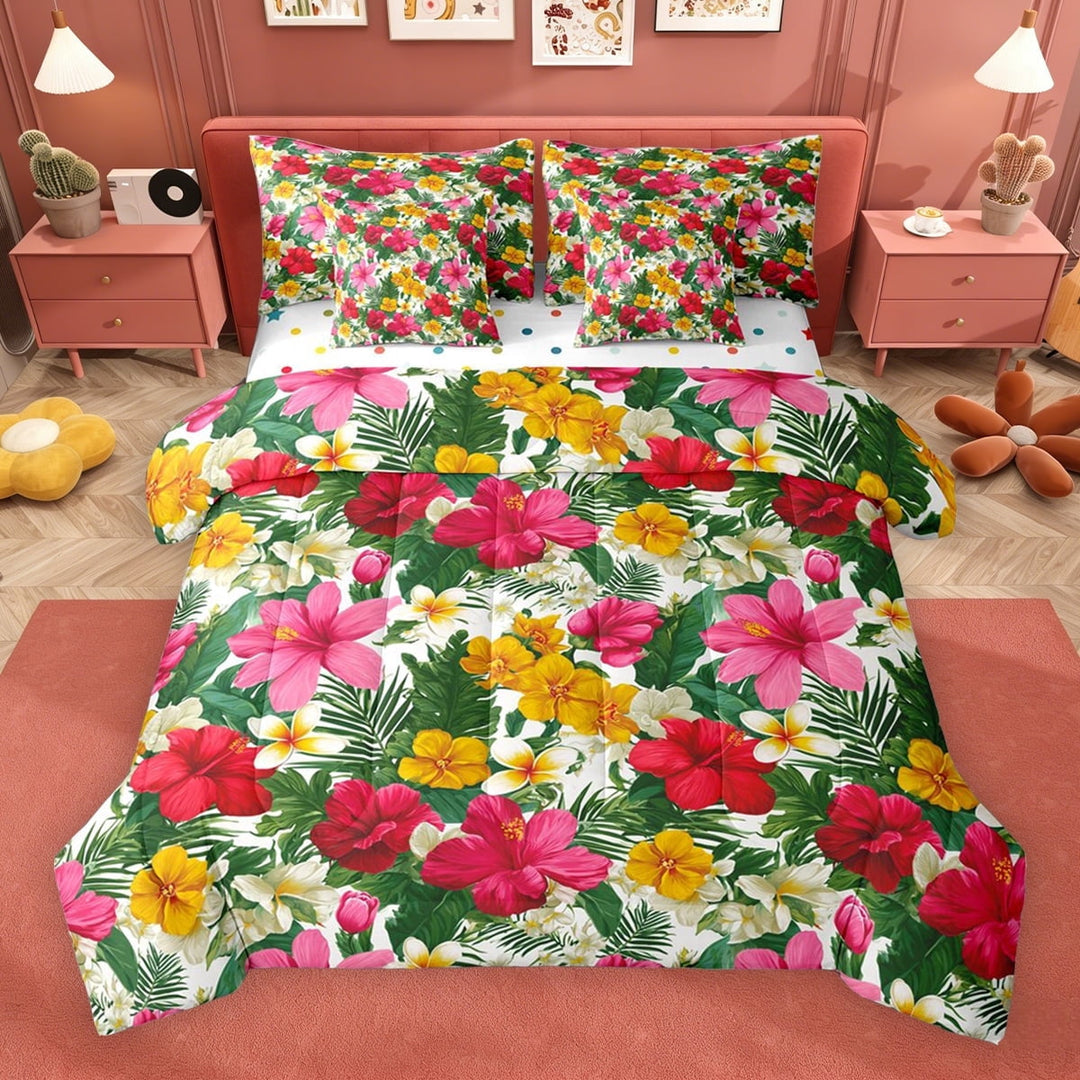 Erosebridal Tropical Floral Twin Bedding Sets for Women Girls, Green Palm Tree Leaf Bedding Comforter Set, Polka Dots Reversible, 7-Piece