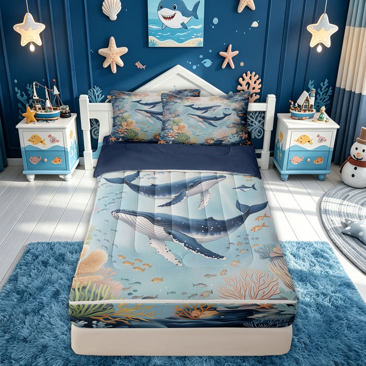 meiyoeat Cartoon Ocean Whale Zipper Comforter Set with Fitted Sheet and 2 Pillowcases for Kids Boys Girls, Undersea Marine Starfish Animal Zipper Bedding Set, Blue, Blue Reversible, 3pcs
