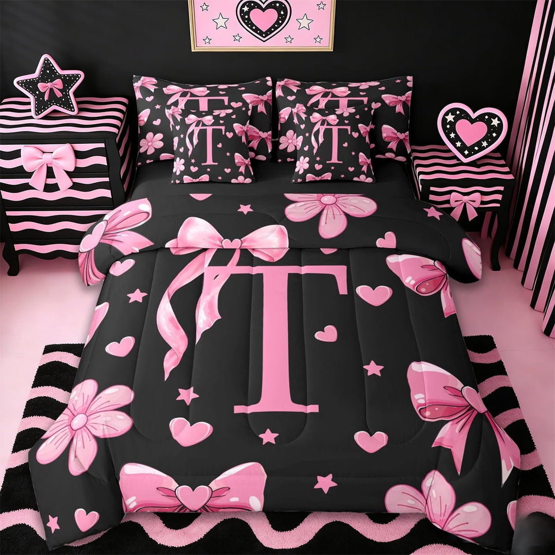 Erosebridal Girls Cute Bowknot 7-Piece Twin Bedding Sets,Pink Loves T Alphabet Bedding Comforter Set For Kids,Reversible black