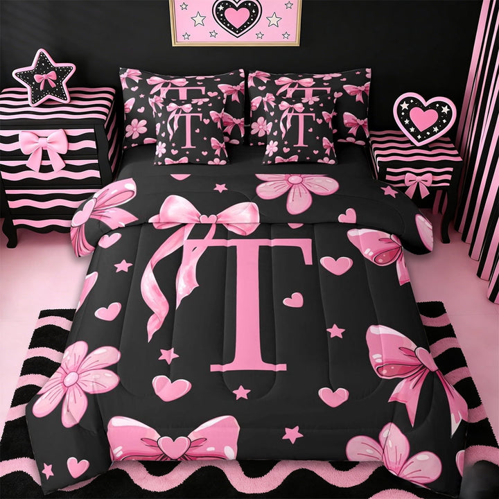 Erosebridal Girls Cute Bowknot 7-Piece Twin Bedding Sets,Pink Loves T Alphabet Bedding Comforter Set For Kids,Reversible black