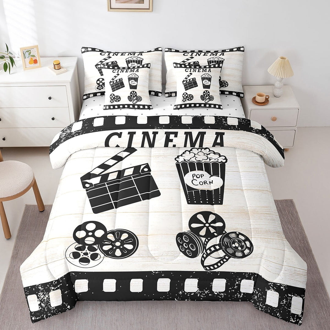 Erosebridal 7Pcs Movie Theater Comforter Sets Queen Size, Cinema Ticket Filmstrip Popcorn Comforter Set Bed in a Bag(1 Comforter, 1 Flat Sheet 1 Fitted Sheet 2 Pillowcases And 2 Throw Pillow Covers)