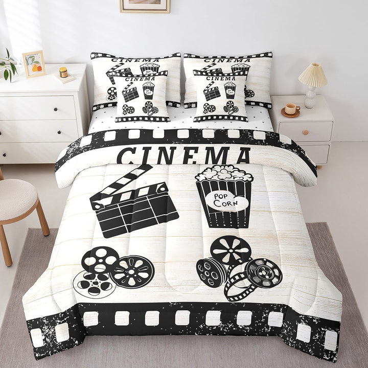 Erosebridal 7Pcs Movie Theater Comforter Sets Queen Size, Cinema Ticket Filmstrip Popcorn Comforter Set Bed in a Bag(1 Comforter, 1 Flat Sheet 1 Fitted Sheet 2 Pillowcases And 2 Throw Pillow Covers)