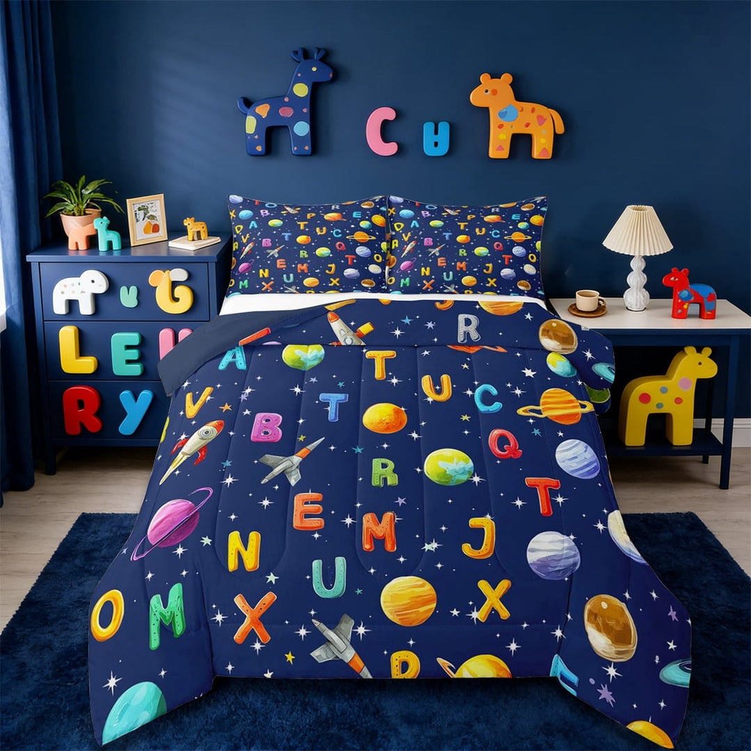 Erosebridal Outer Space Theme Planet Full Size Comforter Sets,Colorful 3D Letter Bedding Sets For Boys Kids, Reversible 3 Pieces
