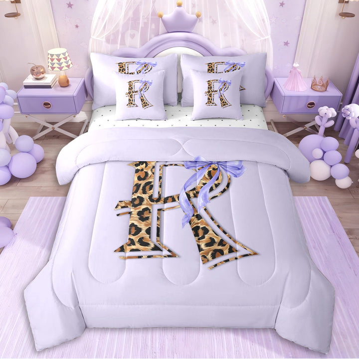 Erosebridal Girls Letter R Monogrammed Cartoon Bowknot Twin Bedding Sets 7-Piece,Purple Bow Vintage Leopard Print Bedding Comforter Set,Breathable Home Decor