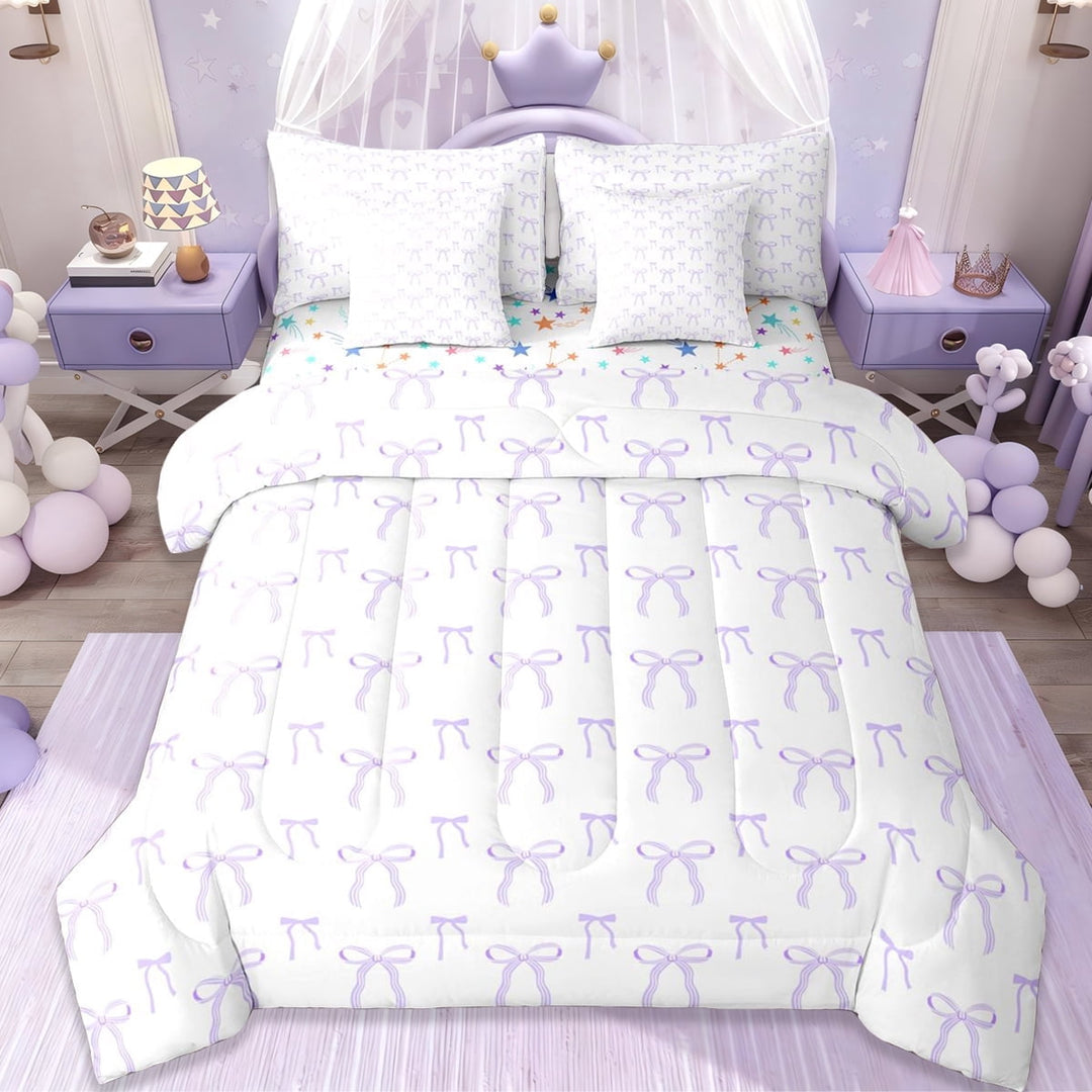 Erosebridal Dreamy Princess Kawaii Bowknot 7-Piece Twin Bedding Sets For Bows Lovers,Kawaii Bowknots Bow Tie Bedding Comforter Set,Purple White,Reversible