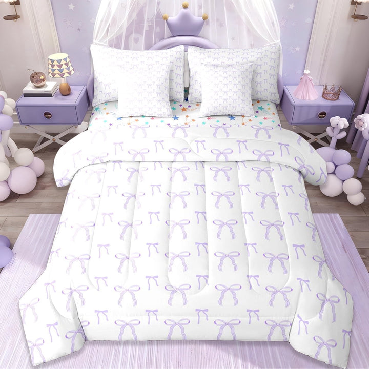 Erosebridal Dreamy Princess Kawaii Bowknot 7-Piece Twin Bedding Sets For Bows Lovers,Kawaii Bowknots Bow Tie Bedding Comforter Set,Purple White,Reversible