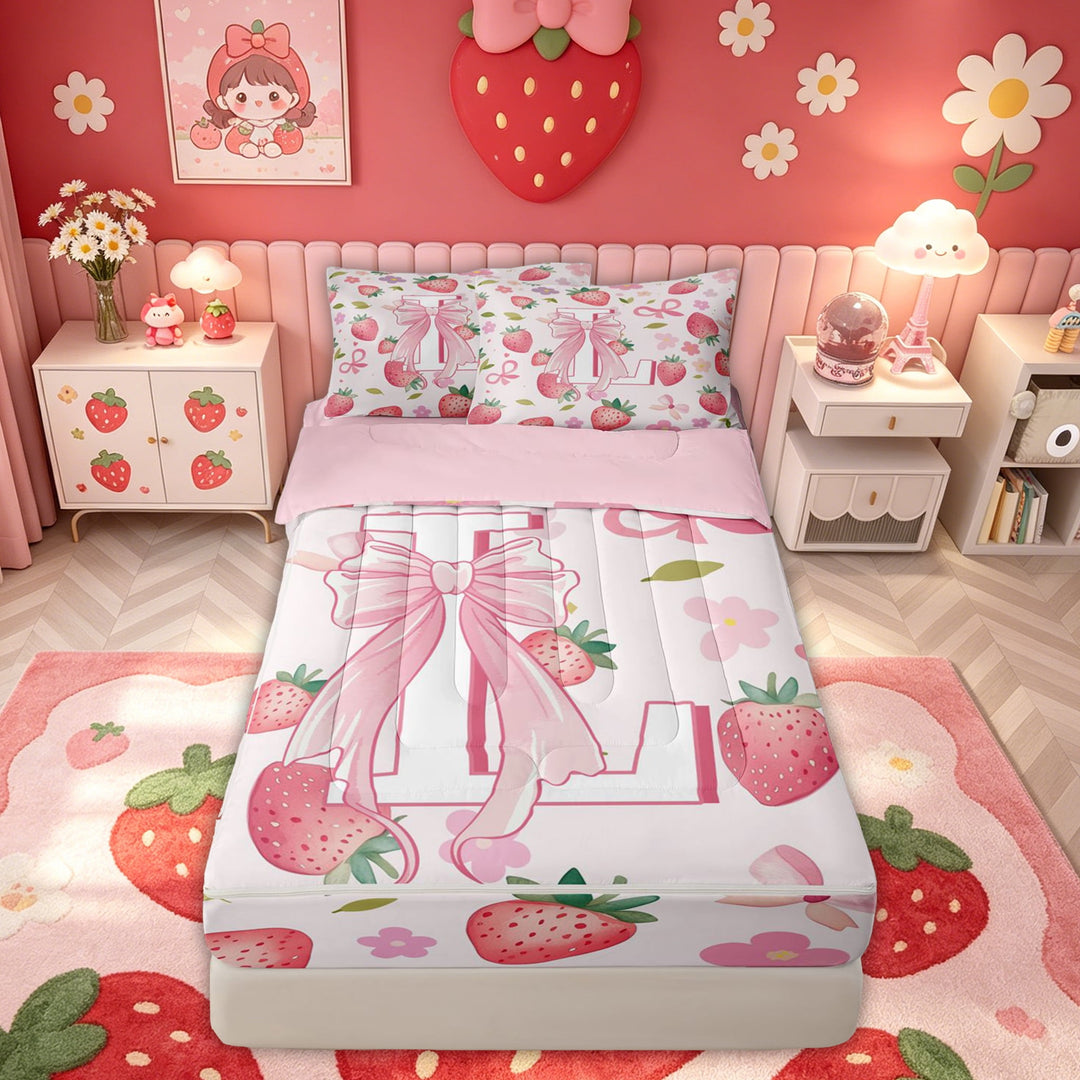 meiyoeat Strawberry Letter L Zipper Comforter Set with Fitted Sheet and 2 Pillowcases for Kids, Aesthetic Bow Zipper Bedding Set for Bedroom, Pink, Pink Reversible, 3-Piece