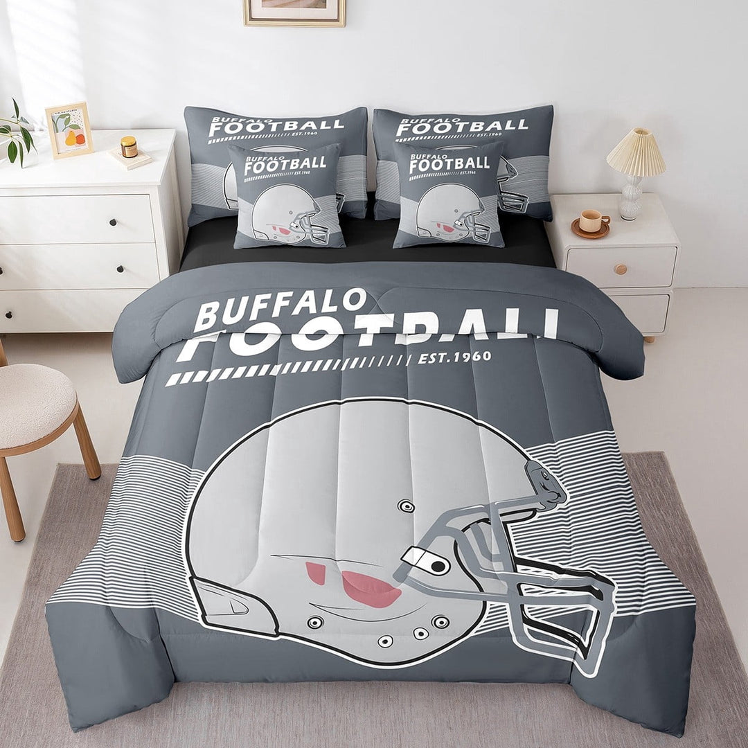 7 Pcs American Football Comforter Set Full Size, Rugby Sports Competition Bed in a Bag with Flat Sheet and Fitted Sheet Adults, 3D Helmet Bedding Set with Pillowcases &amp; Throw Pillow Covers
