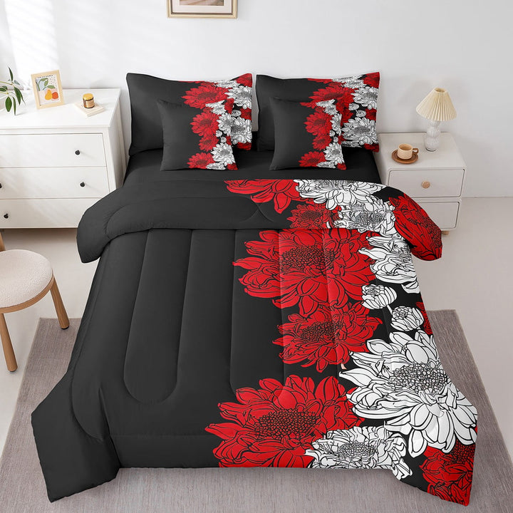 Aztec Dahlia Comforter Set - 7 Pieces Bed in a Bag Set,Lotus Flower Queen Bedding Set with All Season Quilt,White Red Black Floral Flat Sheet,Fitted Sheet,Pillowcases