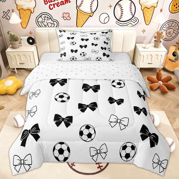 Erosebridal Bowknot Football Twin Comforter Sets, White Black Cartoon Bedding Set for Boys and Girls, 2 Pieces