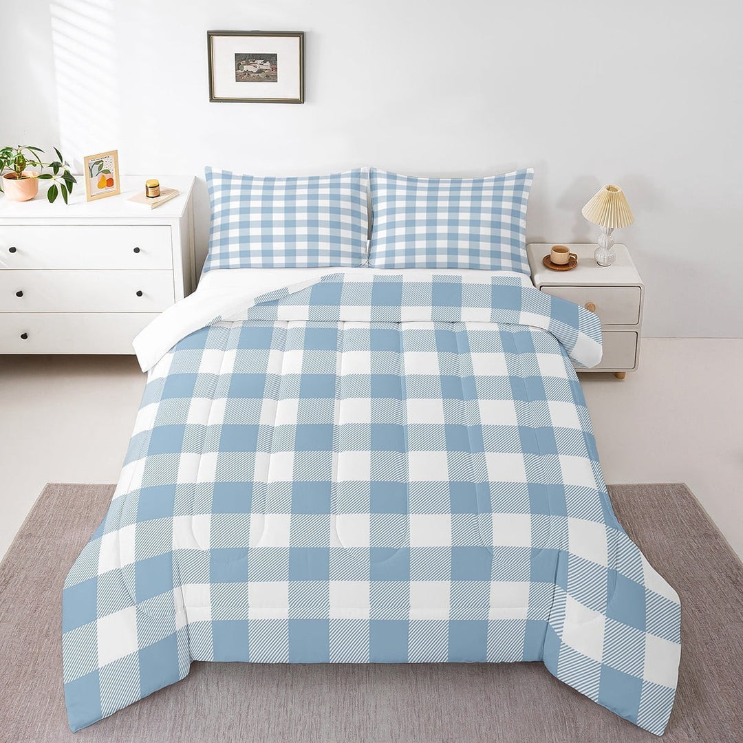 Erosebridal Geometric Plaid Bedding Twin Comforter Set,Blue White Down Comforter,Buffalo Grid Bedding Sets Twin with Comforter,Lightweight Abstract Room Decor,3pcs