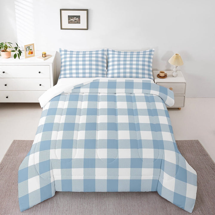 Erosebridal Geometric Plaid Bedding Twin Comforter Set,Blue White Down Comforter,Buffalo Grid Bedding Sets Twin with Comforter,Lightweight Abstract Room Decor,3pcs