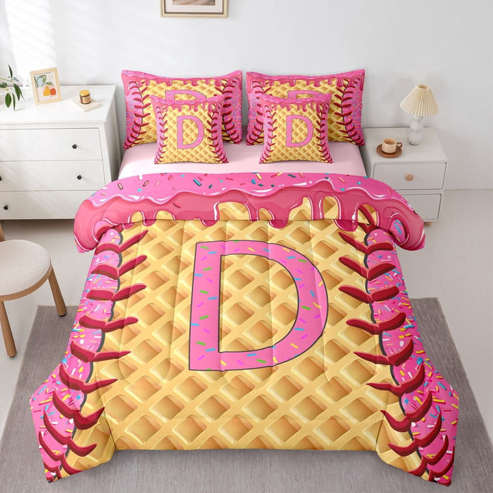 Erosebridal Pink Initial D Twin Bedding Sets for Kids, Ice Cream Drip Bedding Comforter Set, 7 Pieces