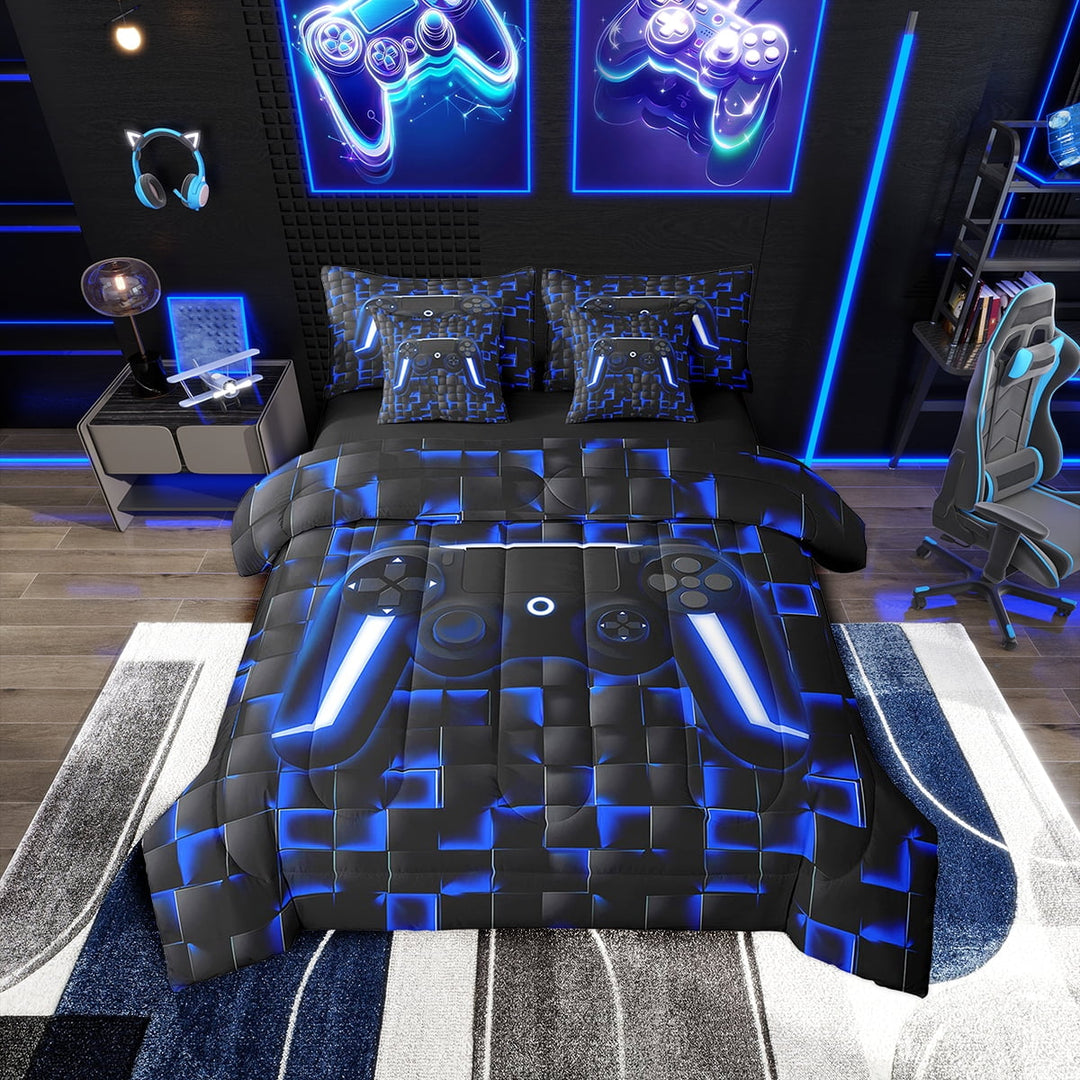 7pcs Gamepad Twin Bedding Sets, Black Reversible Comforter, Top Sheet, Fitted Sheet, Pillowcases, Throw Pillow Covers