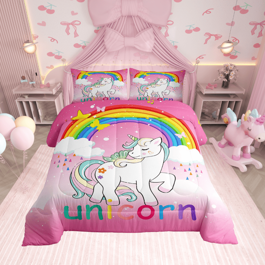Erosebridal Unicorn Bedding Twin Kawaii Rainbow Unicorn Comforter Galaxy Stars Comforter Set White Horse Floral Down Comforter Reverse Fantasy Room Decor Pink Unicorn Gift,2Pcs