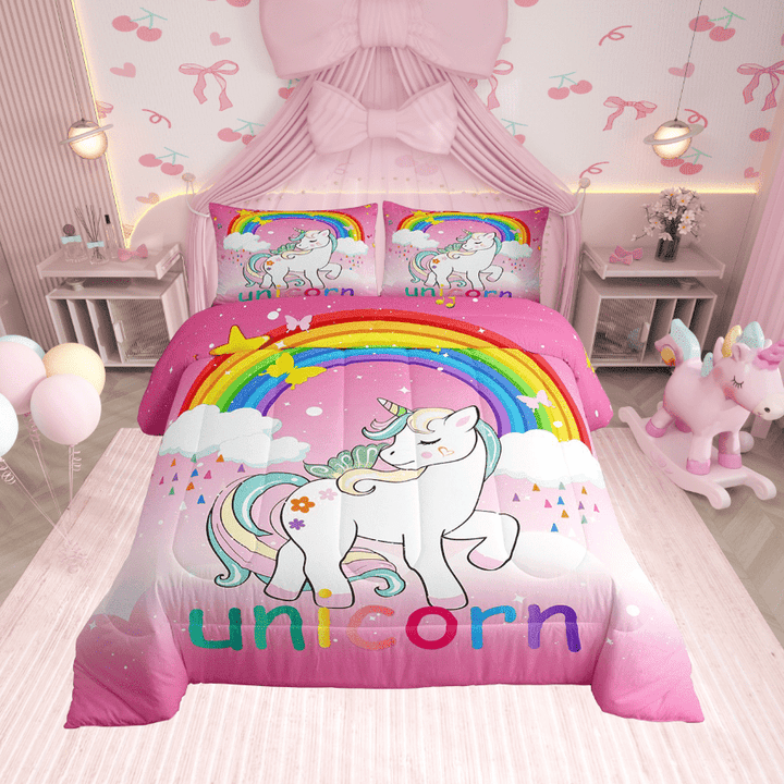 Erosebridal Unicorn Bedding Twin Kawaii Rainbow Unicorn Comforter Galaxy Stars Comforter Set White Horse Floral Down Comforter Reverse Fantasy Room Decor Pink Unicorn Gift,2Pcs
