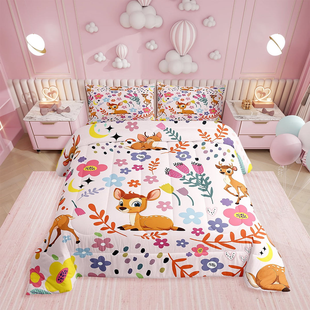 Erosebridal Cute Comforter Set ,Floral Deer Bedding for Twin Bed,Colorful Vintage Deer Flower Tulip Down Alternative,Cartoon Duvet Insert with 1 Pillowcase
