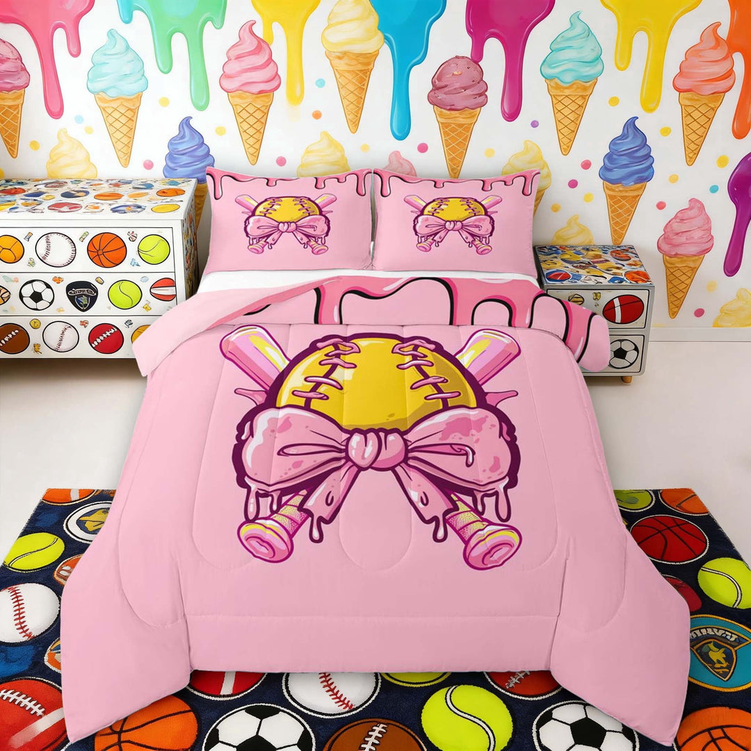 Erosebridal Pink Drip Softball Full Size Comforter Sets, Cute Sport Bedding Sets for Girls, Pink Reversible 3 Pieces, 1 Comforter and 2 Pillowcases