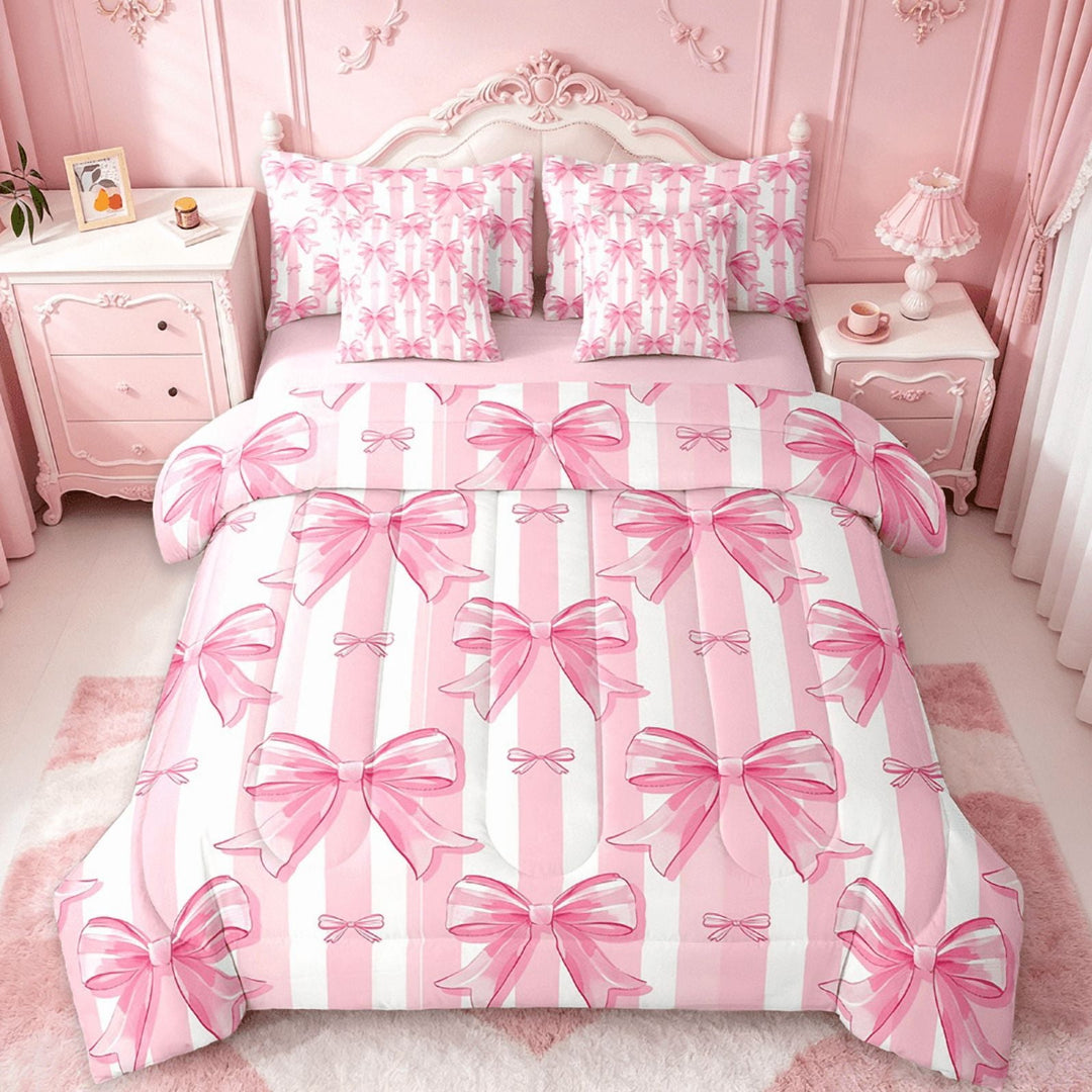 Manfei Kawaii Bow Bedding Comforter Set 7 Pieces,Girls Bow Knot Full Bedding Set,Pink White Stripes Fitted Sheet Flat Sheet,Breathable Bedroom Decorative,Reversible