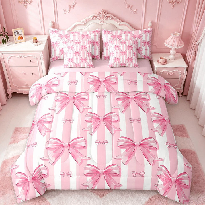 Manfei Kawaii Bow Bedding Comforter Set 7 Pieces,Girls Bow Knot Full Bedding Set,Pink White Stripes Fitted Sheet Flat Sheet,Breathable Bedroom Decorative,Reversible