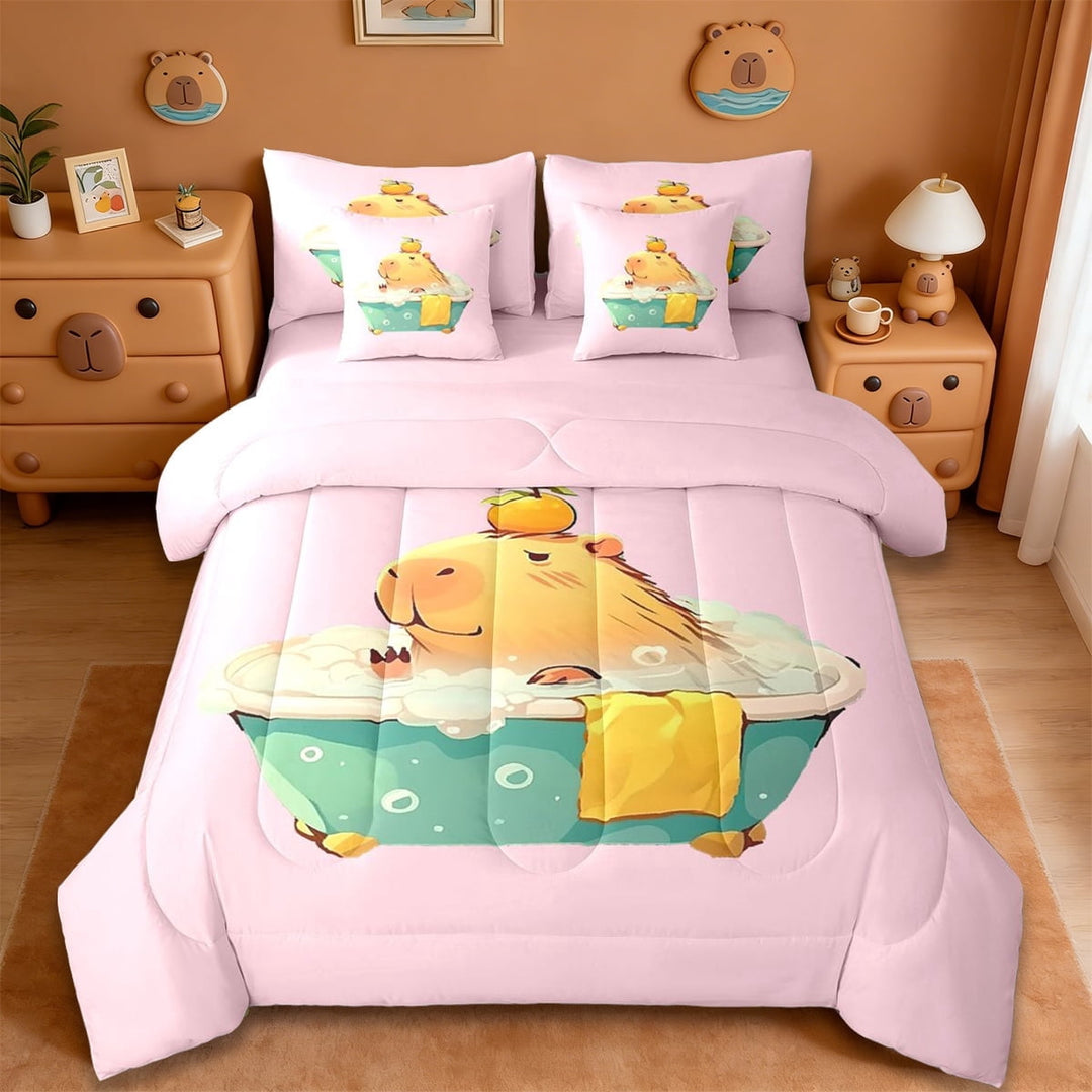 Erosebridal Cute Kawaii Capybara 7-Piece Twin Bedding Sets For Capybara Lovers 7-Piece Twin Bedding Sets,Orange Fruit Bedding Comforter Set For Kids Girls ,Reversible Pink