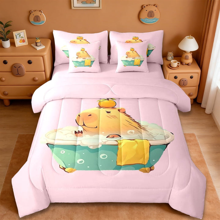 Erosebridal Cute Kawaii Capybara 7-Piece Twin Bedding Sets For Capybara Lovers 7-Piece Twin Bedding Sets,Orange Fruit Bedding Comforter Set For Kids Girls ,Reversible Pink