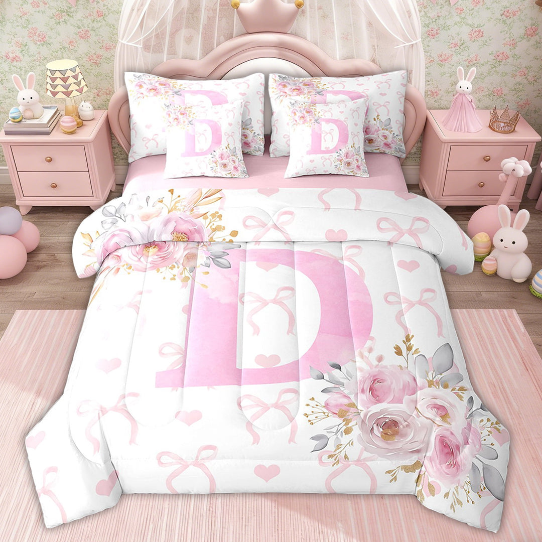Erosebridal Pink Rose Bedding Sets Twin Size for Kids, Initial D Letter Bedding Accessories, Cartoon Decor, Pink Reversible 7 Pieces