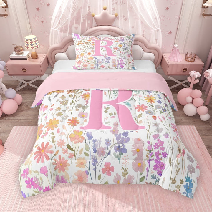 Erosebridal Erosebridal Girls Pink Floral Twin Comforter Sets, Garden Flower Bedding Set, R Letter, Pink Reversible, 1 Comforter and 1 Pillowcase
