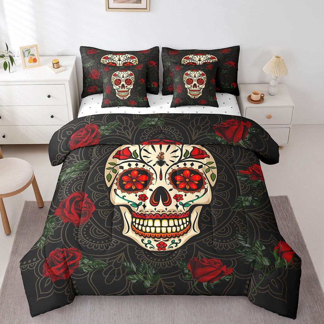 Sugar Skull Bedding Set King Size Gothic Skull 7 Pcs Comforter Set Rose Floral Skull Retro Bed In A Bag Sheet Set Skulls Bone Quilt Set Skull Theme Bedding Set, Black