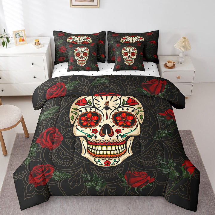 Sugar Skull Bedding Set King Size Gothic Skull 7 Pcs Comforter Set Rose Floral Skull Retro Bed In A Bag Sheet Set Skulls Bone Quilt Set Skull Theme Bedding Set, Black