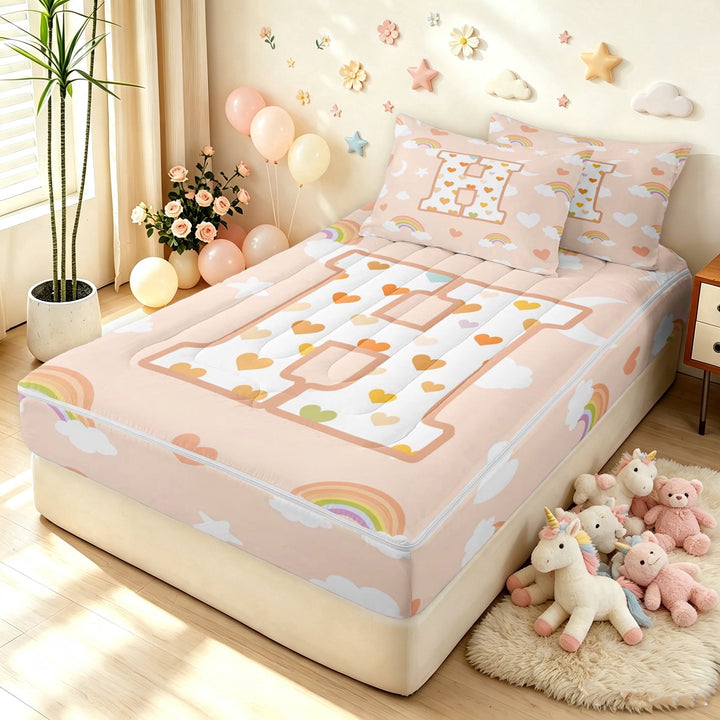 meiyoeat Cute Rainbow Love Heart Zipper Twin Comforter Sets with Fitted Sheet and 2 Pillowcases for Girls, Lovely Star Moon Zipper Bedding Set for Bedroom, Peach, Polkadot Reversible, 4pcs