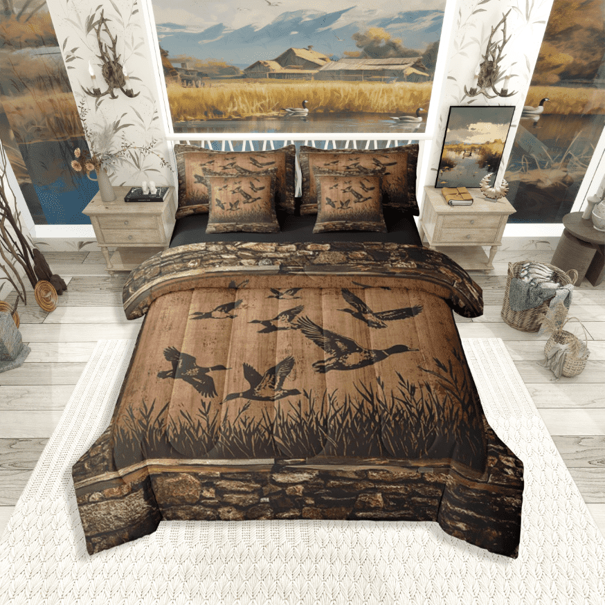 Manfei Mallard Duck 7pcs Full Bedding Set - Vintage Cabin Hunting Fishing Style