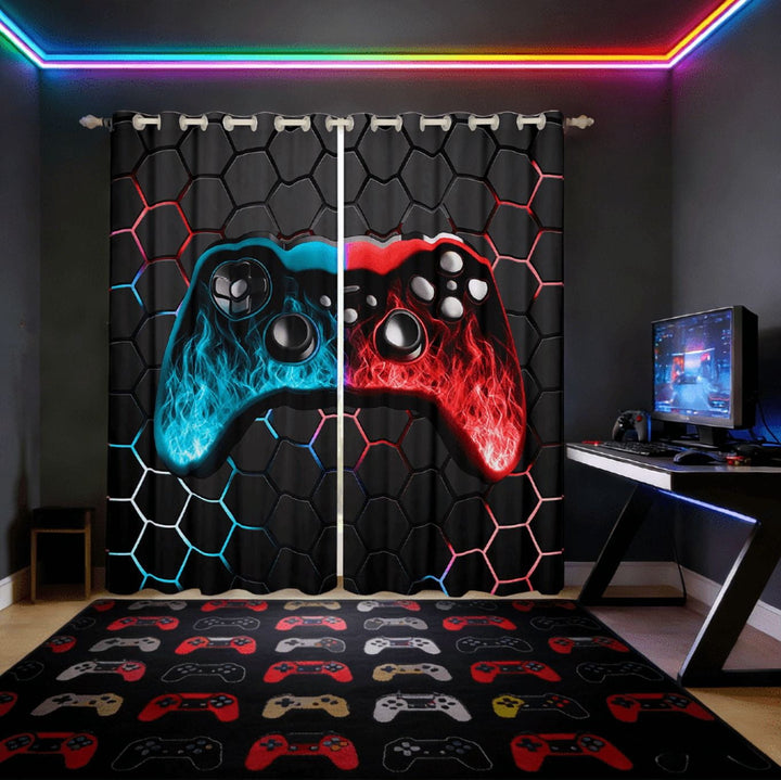 Manfei Game Console Curtains for Living Room,Gamer Gaming Blackout Curtains Set of 2 (42x63),Blue Red Honeycomb Curtains and Drapes (42x63),Breathable Bedroom Decorative