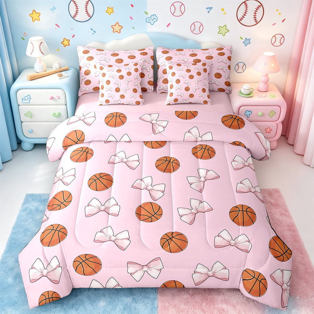 jejeloiu Kawaii Bowtie Bowknot Bedding Comforter Set,7 Pieces,Boys Ball Game Full Bedding Set,Basketball Sport Fitted Sheet Flat Sheet For Child,Microfiber Room Decorative Reversible