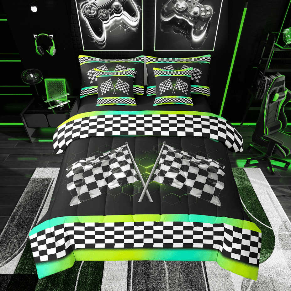 Erosebridal Flags Checkered Bedding Sets Twin Size, Geometric Comforter Sets with Sheets, Race Car Decor, Reversible 7-Piece