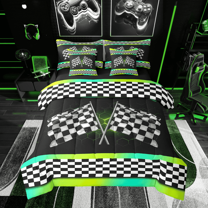 Erosebridal Flags Checkered Bedding Sets Twin Size, Geometric Comforter Sets with Sheets, Race Car Decor, Reversible 7-Piece