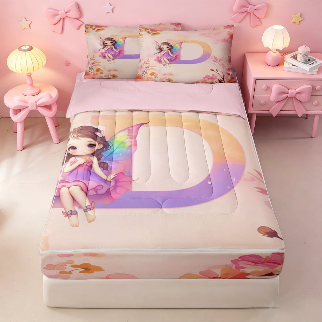 meiyoeat Cartoon Elf Princess Zipper Full Size Comforter Sets with Fitted Sheet and 2 Pillowcases,Watercolor Gradient Monogrammed D Zipper Bedding Set For Girl,Pink Reversible,4 Pieces