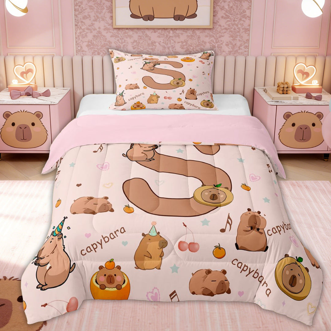 Erosebridal Capybara Family for Kids Twin Comforter Sets, Cute S Letter Bedding Set, 2 Pieces, Pink Reversible