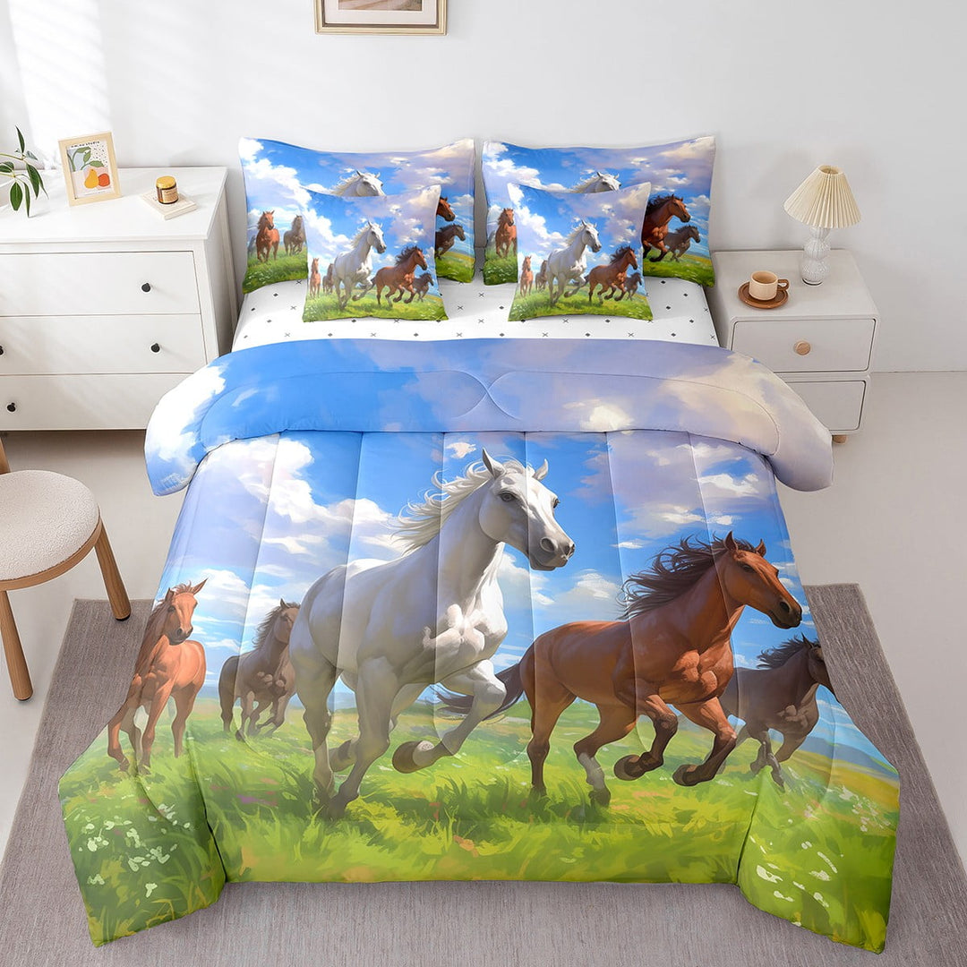Horse 7 Piece Comforter Set Full Bed in a Bag,Western Bedding Sets Wild Farm Animals Sheet Set with Comforter Blue Sky Clouds Farmhouse Decor