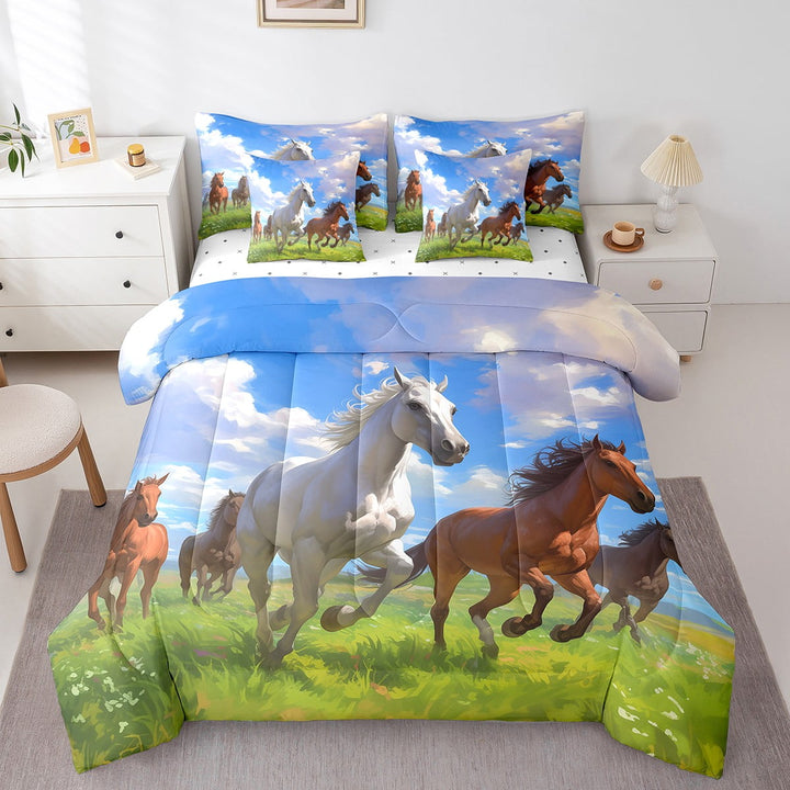 Horse 7 Piece Comforter Set Full Bed in a Bag,Western Bedding Sets Wild Farm Animals Sheet Set with Comforter Blue Sky Clouds Farmhouse Decor