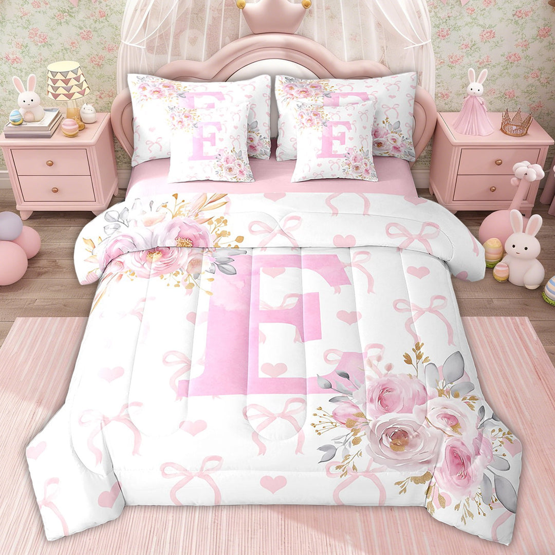 Erosebridal Kids Initial E Letter Bed in a Bag Twin size, Floral Monogrammed Bed Set, Initial A-Z Decor, Pink Reversible