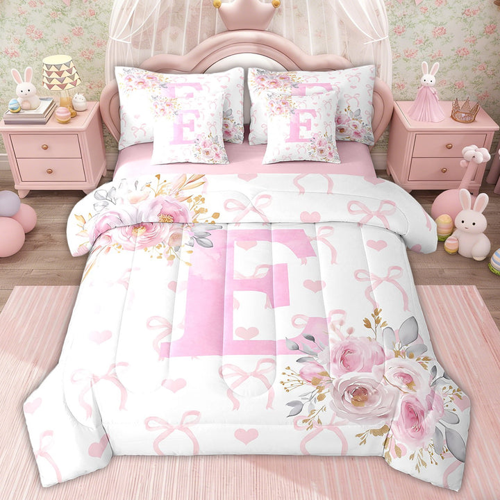 Erosebridal Kids Initial E Letter Bed in a Bag Twin size, Floral Monogrammed Bed Set, Initial A-Z Decor, Pink Reversible